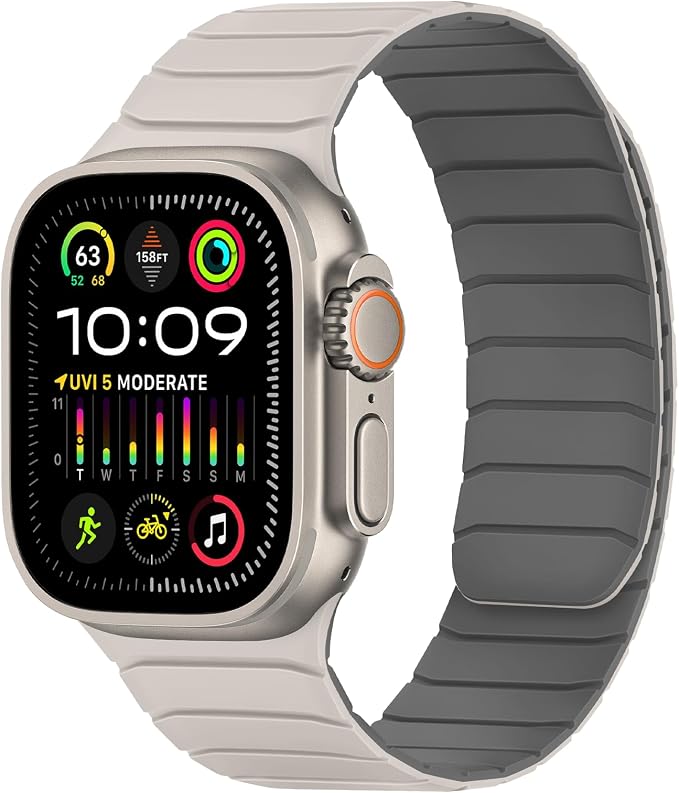 Tasikar Magnetic Bands Compatible with Apple Watch 49mm 46mm 45mm 44mm 42mm Soft Silicone Replacement Loop Wristband for iWatch Ultra 3 2 1 SE Series 11 10 9 8 7 6 5 4 3, Starlight-Grey