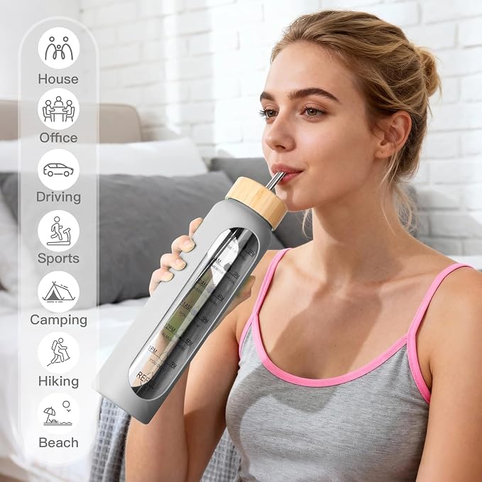 32oz Glass Water Bottle with Time Marker, 2 Lids-Handle Spout Lid & Bamboo Straw Lid, 1 Liter Motivational Borosilicate Water Bottle for Gym, Office, Travel (Gray)