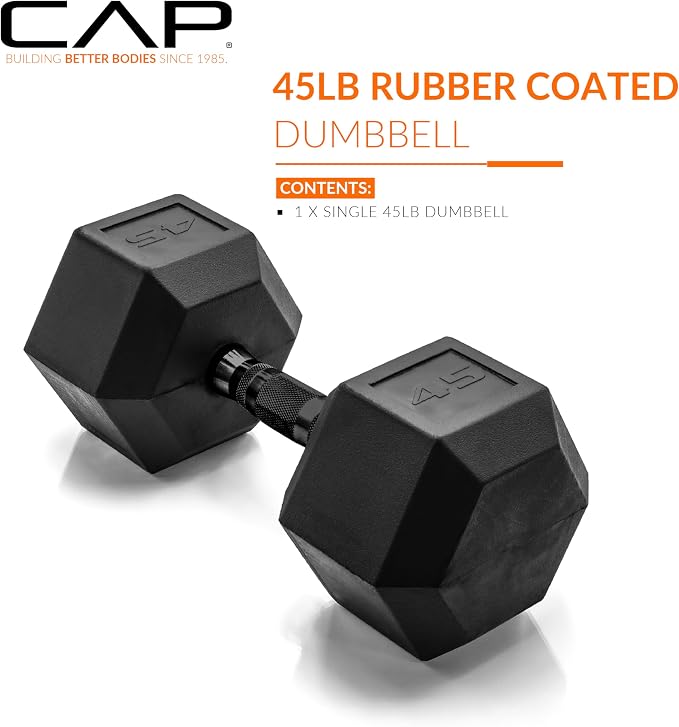 CAP Rubber Coated Dumbbell Weights, Free Weights for Home Gym Strength Training, Anti-Roll Hex Dumbbells with Black, Chrome & Comfort Grip Handles, Singles