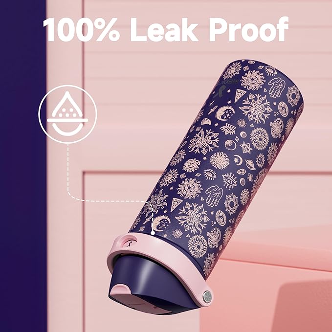 24 oz Insulated Water Bottle for Women: Meoky Stainless Steel Metal Water Bottle with 2-in-1 Straw and Spout Lid - Leak Proof, Cold for 24 Hours, Protective Silicone Base, BPA-Free for School, Arcana