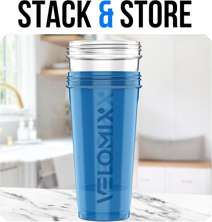 VELOMIX 2 Pack 28oz Protein Shaker Bottle, Blue/Transparent | 2x Wire Whisk, Leak Proof Shaker Cups for Protein Shakes, Stackable, Dishwasher safe, BPA free, Pre Workout and Fitness ready