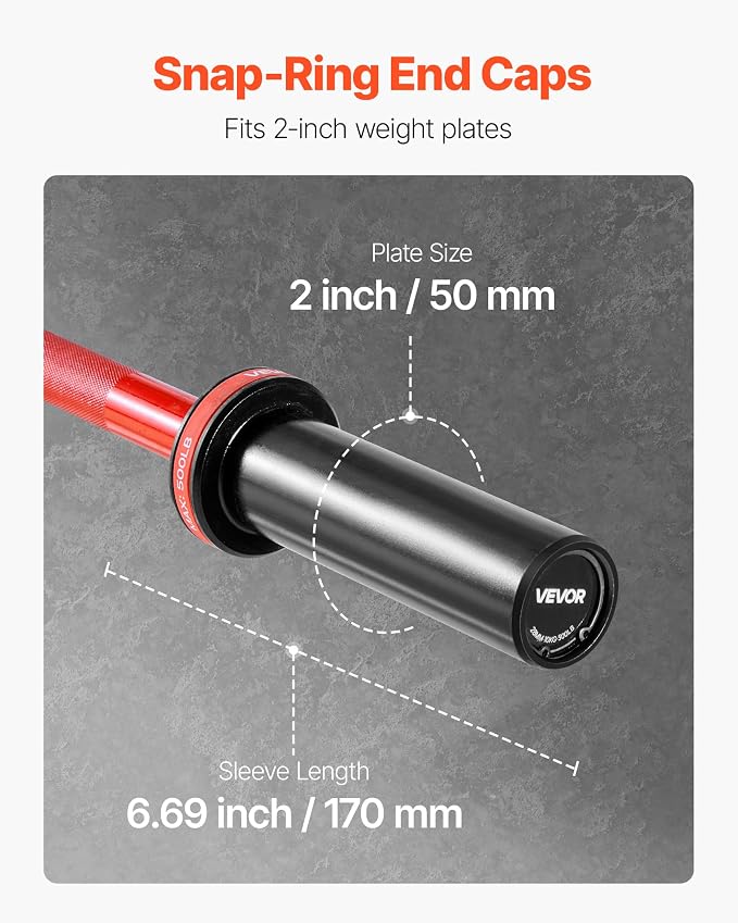 VEVOR 7FT/6FT/4FT Olympic Barbell Bar, Fits 2-Inch Weight Plates, Barbell Bar with Knurled Grip for Strength Training, Weightlifting, Squat, Deadlift, Bench Press, Curl, Overhead Press, 500lbs/700lbs/1000lbs Capacity