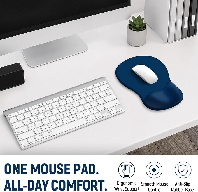 Ergonomic Mouse Pad with Wrist Rest, Gel Wrist Support, Navy Blue | 10.2 x 7.6 in Mouse Pad with Smooth Fabric Surface and Non-Slip Rubber Base for Office, Home, Study, and Gaming