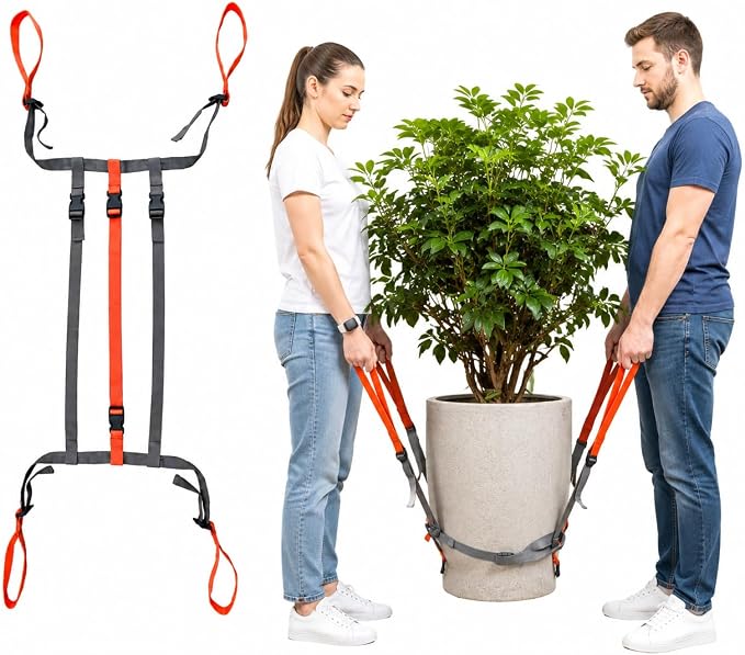 Plant Pot Moving Straps, Adjustable Garden Planter Lifting Strap for Heavy Flower Pots, Trees, Rocks and Landscaping Objects, 9-18 Inch Diameter, Two Person Carrying Harness, Gray Orange