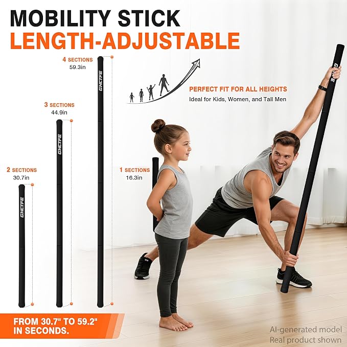 Adjustable Yoga Stick for Stretching & Balance, Upgraded Workout Pilates Equipment for Back Posture Corrector, 4-Section Steel Mobility Bar for Flexibility, Physical Therapy, Exercise Training