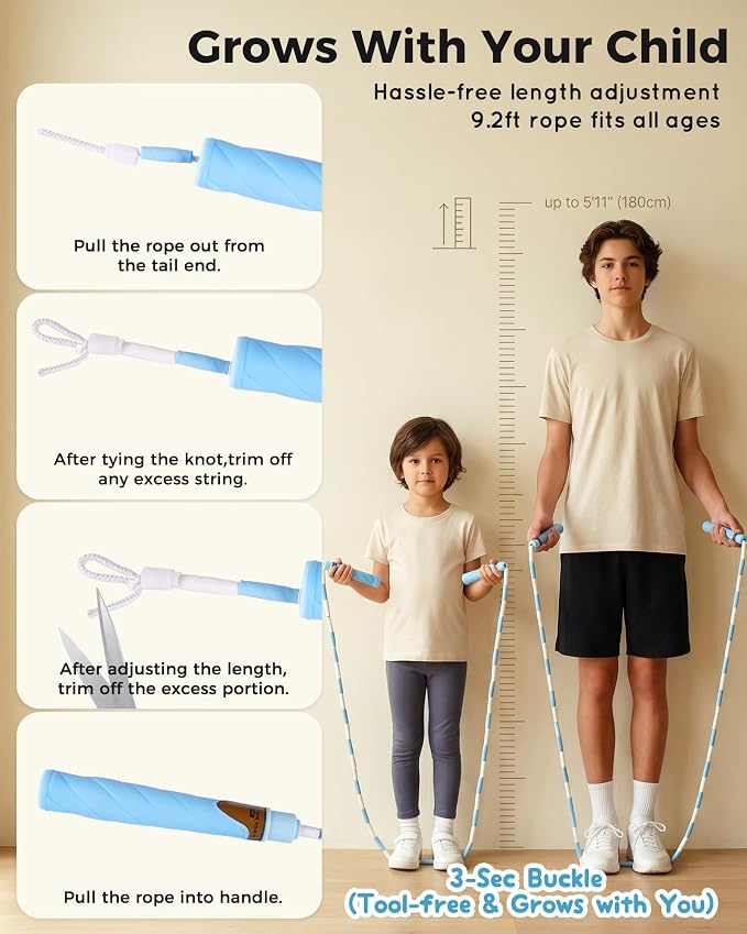 YUEDONG Ultra-Soft Beaded Jump Rope with Tangle-Free TPU Beads for Kids | Soft TPU beads, thumb-groove grip, rhythmic click sound, waterproof name tag, carry bag, for kids at school and outdoors