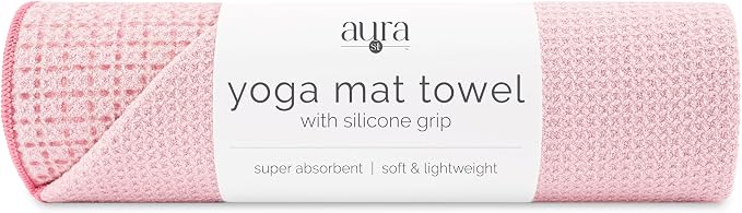 S&T INC. Aura Microfiber Yoga Mat Towel with Grip, 24" x 72", Pink | Silicone Grip Backing, Soft and Absorbent, Quick-Dry for Gym, Pilates, and Hot Yoga, Compact for Gym Bag, Machine Washable