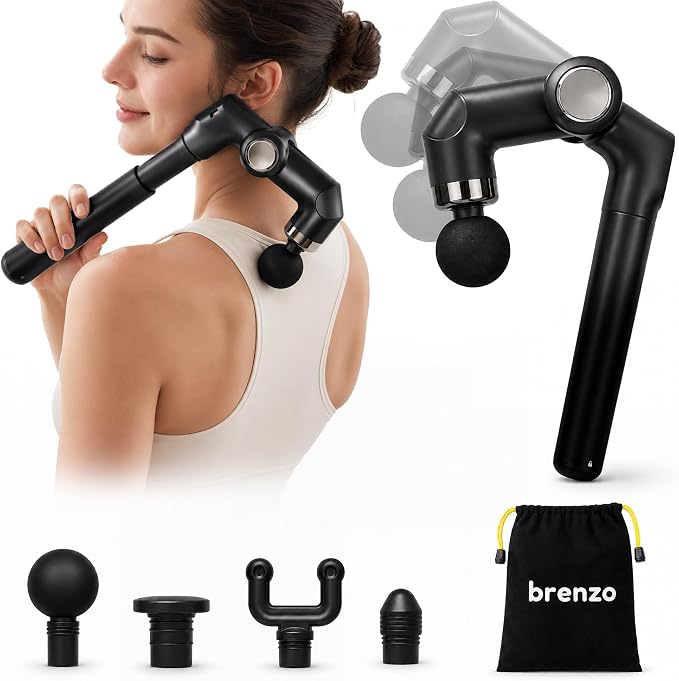 brenzo Massage Gun with Extended Handle, Cordless Full Body Massager | 6 Speeds, 10mm Amplitude, 3200 R/min, Multiple Massage Heads