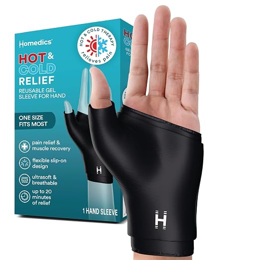 Homedics Hot and Cold Relief Gel Hand Sleeve, Heat or Ice Therapy | for Hand, Wrist, and Thumb, Soft-Touch Stretch Fabric, Contoured Hydrogel Design for Comfort and Relaxation