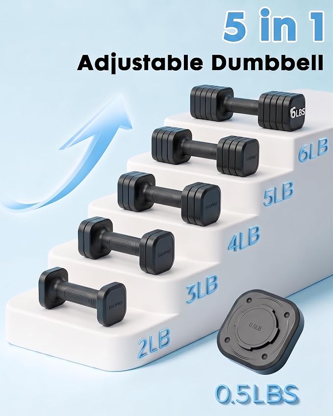 Equipro Hand Weights for Women at Home 6 LBS Adjustable Dumbbell Set of 2, Fast Adjust Dumbbells with TPU Soft Rubber Handle for Home Gym Exercise Training