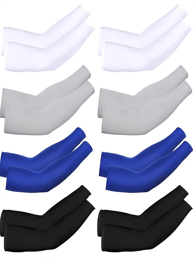 Mudder 8 Pairs UV Sun Protection Cooling Arm Sleeves for Men Women Youth Silk Compression Arm Cover Breathable Outdoors Sport
