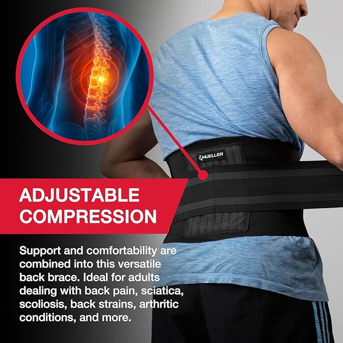 MUELLER Sports Medicine Adjustable Back Brace, Ideal for Upper and Lower Back Pain, Relief & Support for Men and Women, Strains, Sciatica, Scoliosis, Black