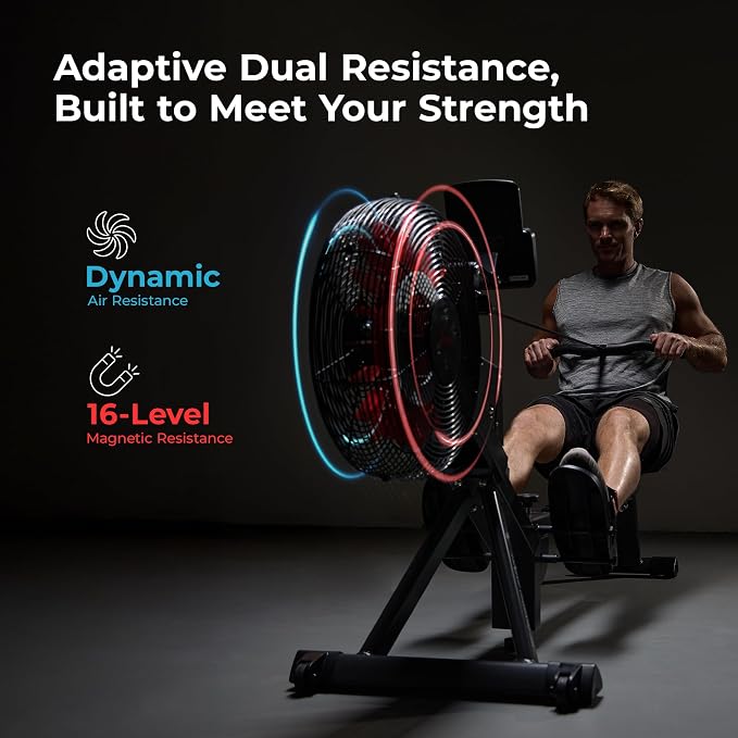 Sunny Health & Fitness Air Rowing Machine, Space-Saving Rower with Long Rail and Upright Storage for Home Gym, Full-Body Cardio Workout, Free SunnyFit Training App