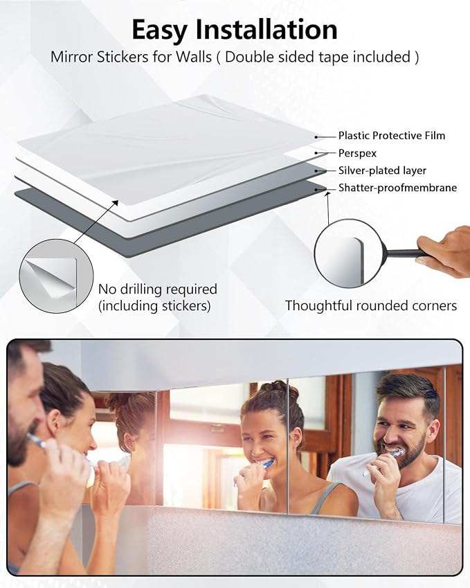 Shatterproof Peel And Stick on Mirror Tiles for Wall Decorative, 4 pcs 14”x14” Unbreakable Small Mirrors For Wall Classroom Decor, Toddlers Mirror for Kids Bedroom, Plastic Door Adhesive Mirrors