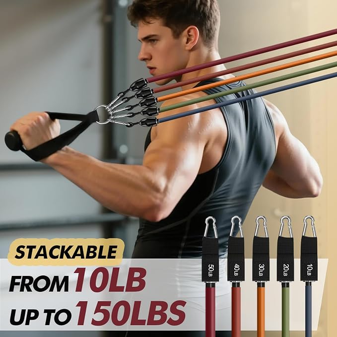 WHATAFIT Resistance Bands with Handles, 5-Level Exercise Bands for Workout | Natural latex,10-50 lbs, stackable to 150,Ankle Straps, Door Anchor,Guide. For Strength, Yoga,Home Gym,Travel & Workout.