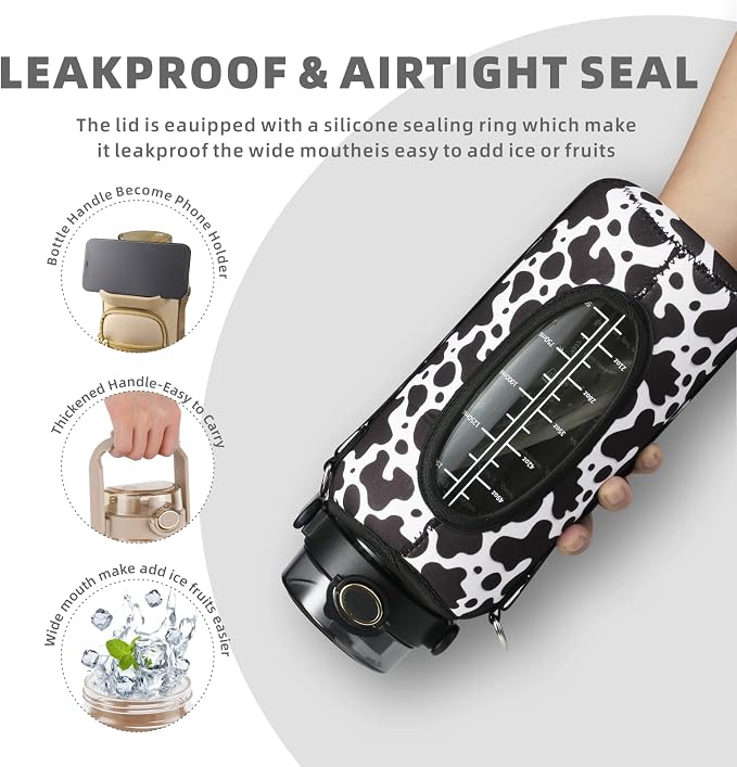 chunmo Half Gallon 64oz Glass Water Bottle with Straw and Storage Sleeve Motivational Water Bottle with Strap and Time to Drink 2L Leakproof Reusable Water Jug for Fitness Gym and Outdoors