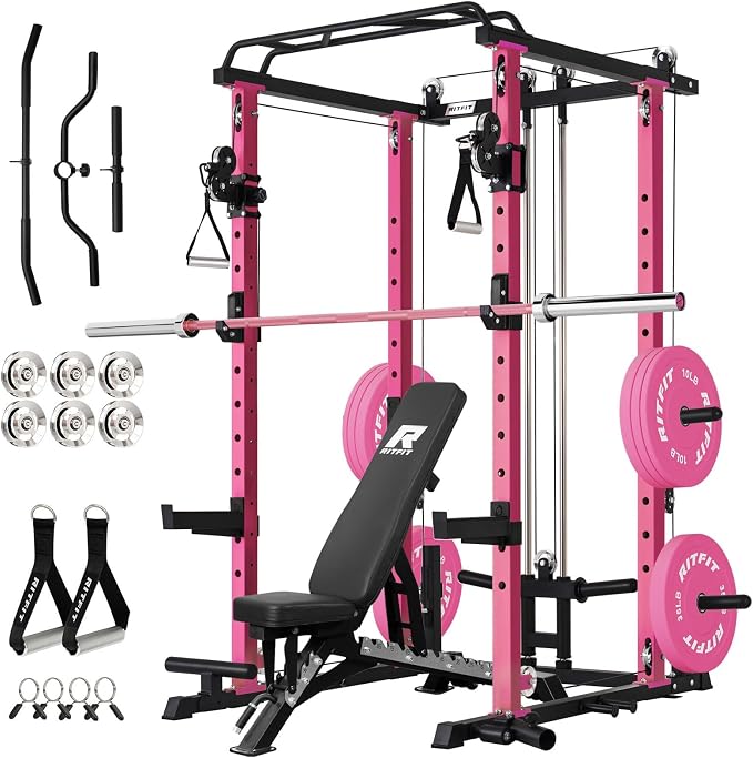 RitFit Power Cage Home Gym Package with Cable Crossover System | 1200LBS Power Rack, Weight Bench, Olympic Barbell & 230LBS Bumper Plates — All-in-One Home Gym