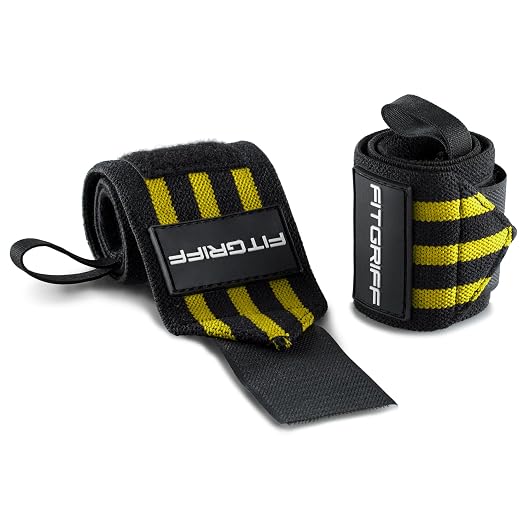 Fitgriff® Wrist Wraps for Weightlifting (18") Heavy-Duty Support for Gym, Bench Press, and Pushups (1 Pair) - for Men and Women (Black/Yellow)
