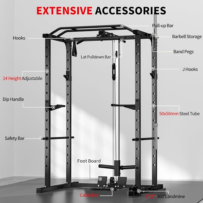 JEEKEE Power Rack with LAT Pulldown, 2000LBS Power Cage with Cable System, Multi-Function Squat Rack with J-Hooks, Safety Bars, Landmine, Pull Up Bar & Attachments for Home Gym Strength Training,Black