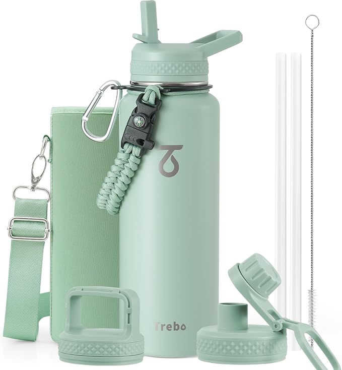 Trebo Water Bottle Insulated 40 oz with 3 Lids, Paracord Handle & Sleeve | Stainless Steel Flask Vacuum, Triple Wall Copper Plated, Dishwasher Safe, Keeps Cold 48Hrs for Hiking, Gym, Wide Mouth
