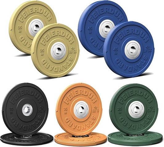 FEIERDUN Color Bumper Plate Set, 2-Inch Olympic Weight Plates, Low Bounce Rubber Barbell Plates with Stainless Steel Insert for Weightlifting, Strength Training, CrossFit & Home Gym, 10LB-370LB