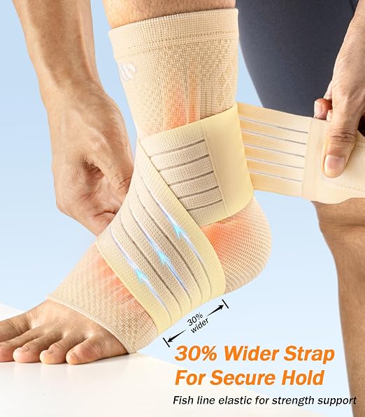 Low-Profile Ankle Brace for Women & Men, Customizable Ankle Compression Sleeve w/Wide Strap, Foot Support Wrap for Plantar Fasciitis Pain Relief, Achilles Tendonitis, Sprain, Beige, 1 Pair, XXL