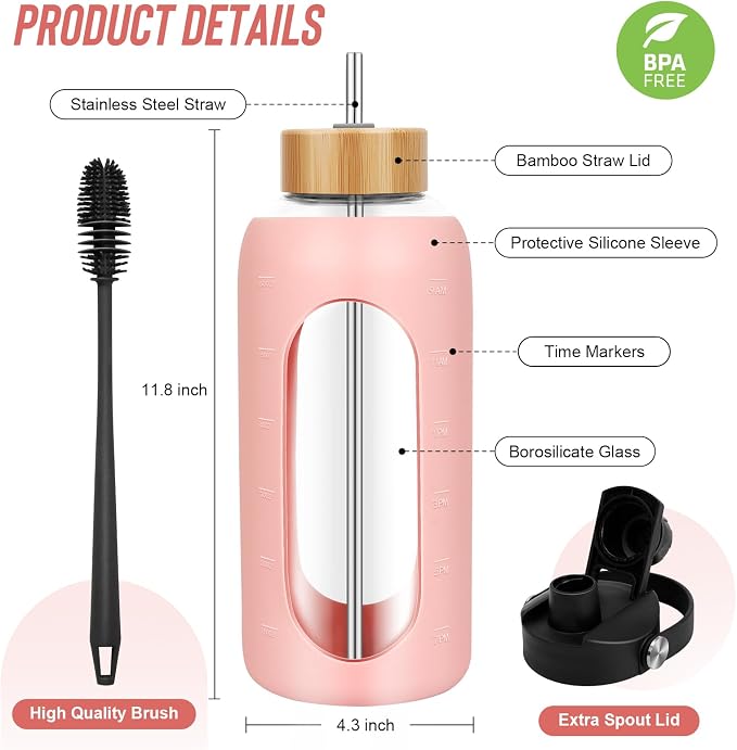 FULBEVY Glass Water Bottles 64 oz - Half Gallon Large Motivational Daily Water Intake Bottle Time Marker - Glass Water Bottle With Straw, Silicone Sleeve 2 Lids, Handle Spout & Bamboo Lid(Pink)