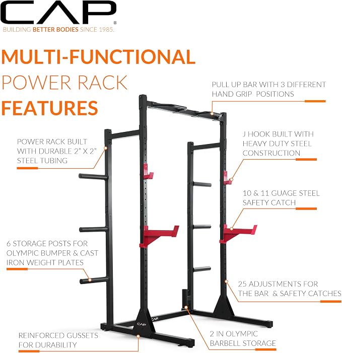 CAP Barbell Power Rack with Pull Up Bar & Attachments - Multiple Colors