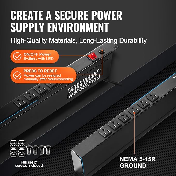 VEVOR 12 Outlet Horizontal 1U Rack Mount PDU Power Strip for Network Server Racks, Surge Protection & Overload Protection, 110-125V/15A, with 6ft 14AWG Power Cord