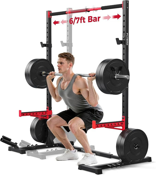 FLYBIRD SR1 Squat Rack, Adjustable Power Rack for 6FT/7FT Barbells | Squat Rack for Home Gyms with Pull-Up Bar,22 Adjustment Positions, J-Hooks and Safety Spotter Arms w/ 110/180LBS Home Package