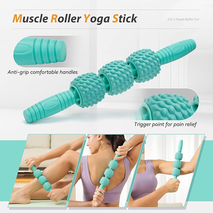5 in1 Foam Roller Set High Density 15" Foam Roller for Muscle Recovery | Deep Tissue Muscle Massage Foam Roller for Exercise, Massage Roller, Massage Ball, Stretching Strap, for Whole Body Aqua