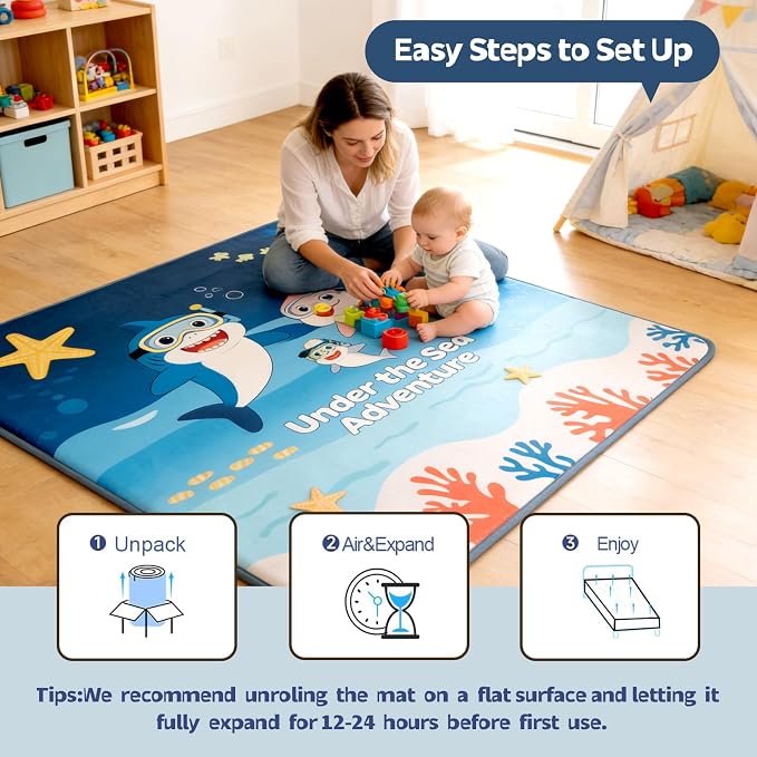 RONGFA Baby Play Mat for Floor, 71'' x 59'' Thicken Foam Soft Padded Playmat for Tummy Time, Playpen Mat for Toddlers Infant Kids, Water-Repellent Coral Velvet, Non-Slip Bottom Safe for Crawling (SEA)