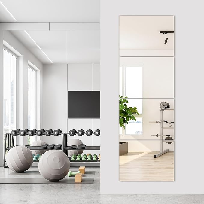TRAHOME Wall Mirror Tiles, 16"x12"x4PCS Full Length Home Gym Mirror | HD Tempered Glass, Frameless Workout Mirror for Garage, Bedroom, Living Room, Over The Door