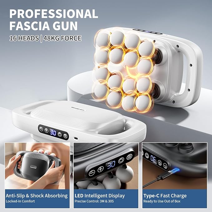 16 Head Massage Gun, 2026 Upgrade Deep Tissue Massager with 48KG Force, 3 Modes & 30 Intensities, Portable and Quiet Percussion Gun for Neck, Back, Legs, Waist, Buttocks Muscle Pain Relief