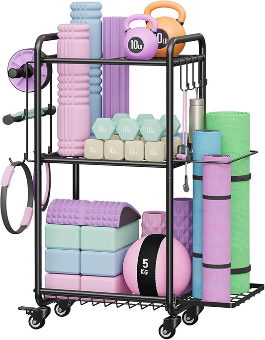 Multi-Functional Home Gym Storage Rack with Wheels and Hooks | Gym Equipment Storage for Dumbbells Kettlebells Yoga Mat, All-in-One, Space Saving, Easy to Assemble