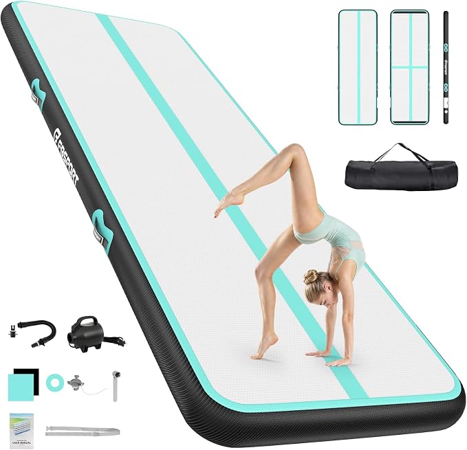 FBSPORT 6.6ft/10ft/13ft/16ft/20ft Inflatable Air Gymnastics Training Mat | 4/6/8 inches Thickness Inflatable Mat, with Electric Pump, Suitable for Home Training/Cheerleading/Yoga/Water