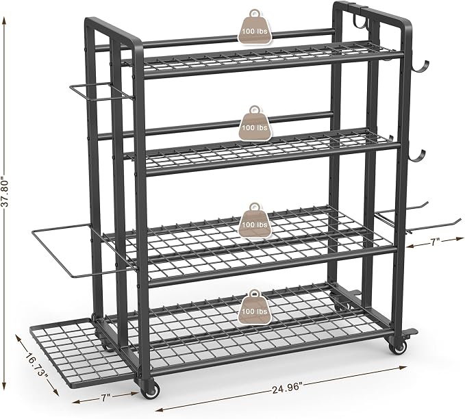 4-Tier Weight Rack for Home Gym with Wheels and Hooks | Adjustable Gym Storage Rack for Dumbbells Kettlebells Yoga Mat, All-in-One, Space Saving, Heavy Duty Steel, Easy to Assemble