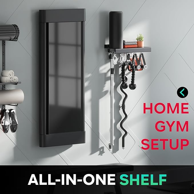 Metal Shelf Compatible with Tonal Accessories, Home Gym Storage | Floating Shelf Organizer for Home Gym, T-Lock Adapters Bracket Hanger, Gym Rack Wall Mounted with Hooks, Black Workout Holder
