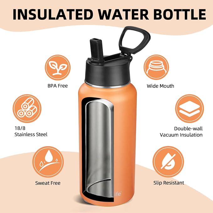 Insulated Water Bottle With Straw,32 oz Vacuum Insulated Stainless Steel Sports Water Flask,Keeps Cold and Hot,Metal Water Bottle Wide Mouth for Gym Travel Camping (Orange)