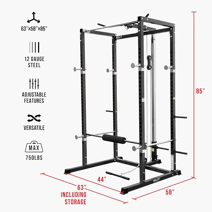 Valor Fitness Power Rack - Squat Rack and Bench Press Power Cage with LAT Pulldown Attachment 2" x 2" Frame - Workout Rack Bundle Options for Complete Weightlifting Home Gym