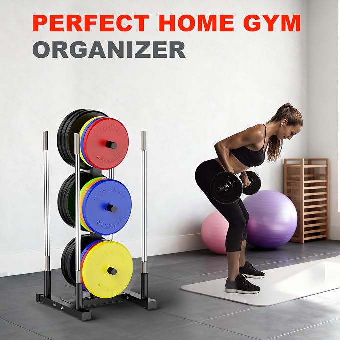 FAHKNS 660LB Capacity Weight Plate Rack, Wide Reinforced Base Olympic Weight Rack, Heavy Duty Weight Tree Weight Plate Holder, Space Saving Weight Rack for Plates with Vertical Barbell Storage for Home Gym