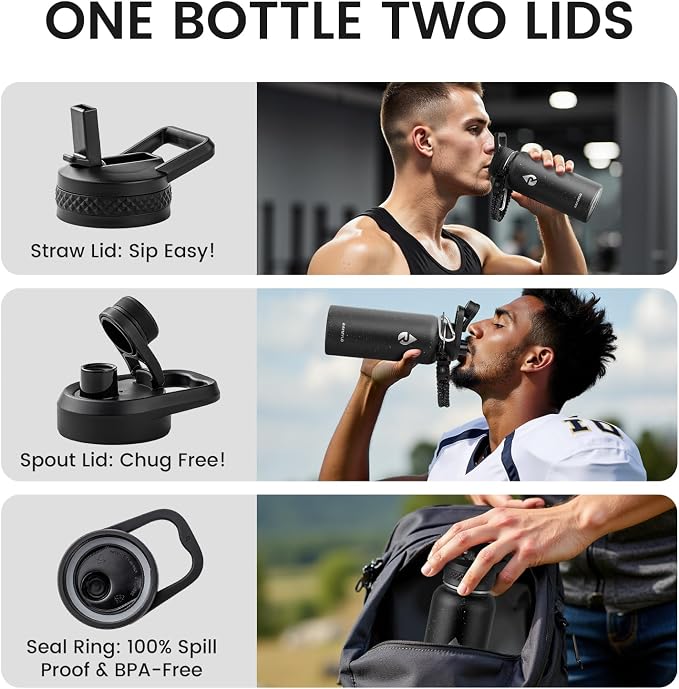 RAYMYLO Insulated Water Bottle 32 oz, Triple Wall Vacuum Stainless Steel | (Cold for 24Hrs, Hot for 12Hrs), Leak Proof & Non-BPA, Modern Water Flask Jug with Paracord Handle & Straw Spout Lids