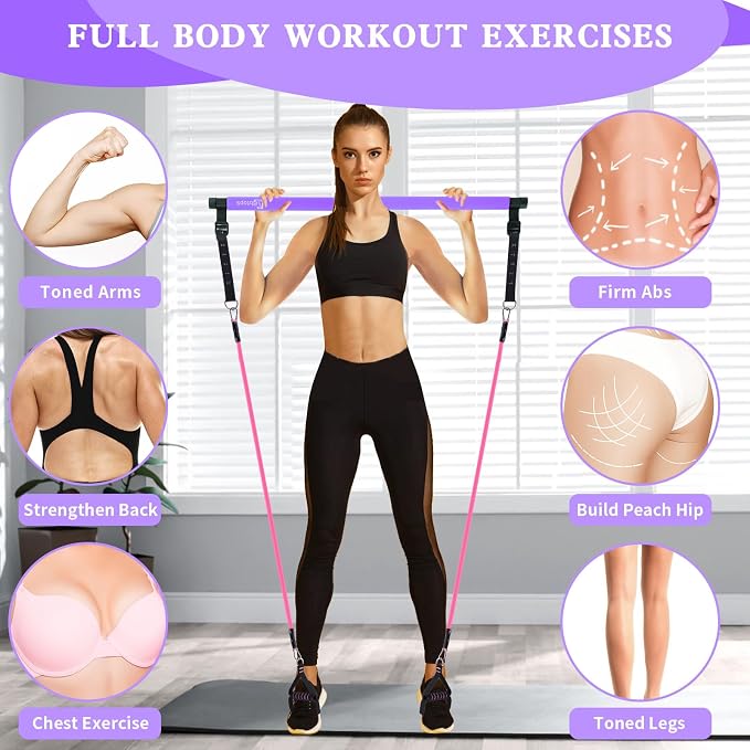 Bbtops Pilates Bar Kit with Resistance Bands,Pilates Bar with Stackable Bands Workout Equipment for Legs,Hip,Waist and Arm,Exercise Fitness Equipment for Women & Men Home Gym Yoga Pilates