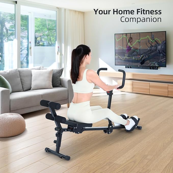 Sportneer Foldable Hydraulic Rowing Machine, 12-Level Home Gym Rower, Black | Multi Functional Row Machine with Transport Casters, Backrest, and 297lbs Max Weight Load
