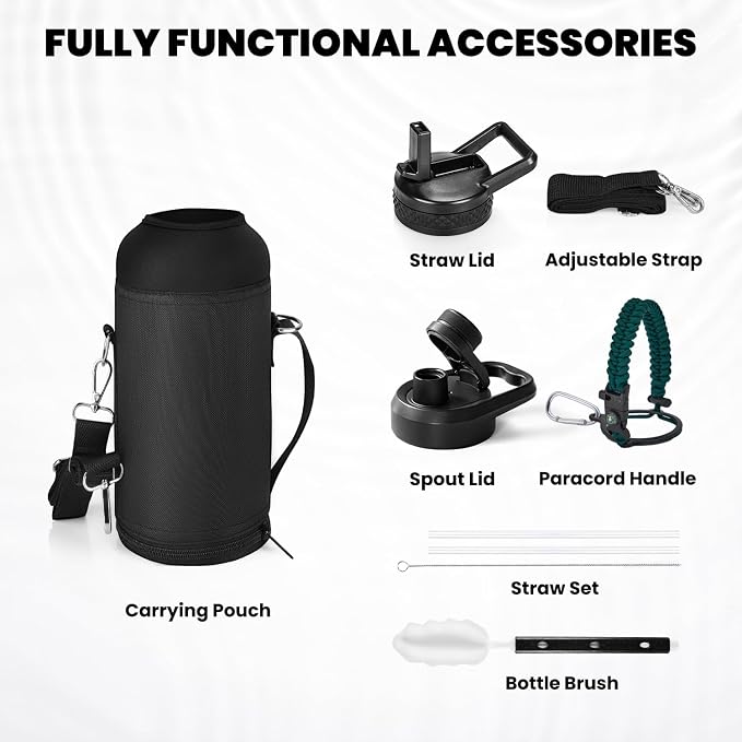 RAYMYLO Insulated Water Bottle 32 oz, Triple Wall Vacuum Stainless Steel | (Cold for 24Hrs, Hot for 12Hrs), Leak Proof & Non-BPA, Modern Water Flask Jug with Paracord Handle & Straw Spout Lids