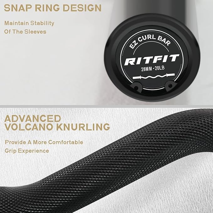 RitFit 2 Inch EZ Curl Bar Olympic Barbell with Weight Plates & Collar | 4FT EZ Curl Bar Olympic Barbell with Collars for Bicep, Tricep Workout, Weightlifting, 350LBS Weight Capacity