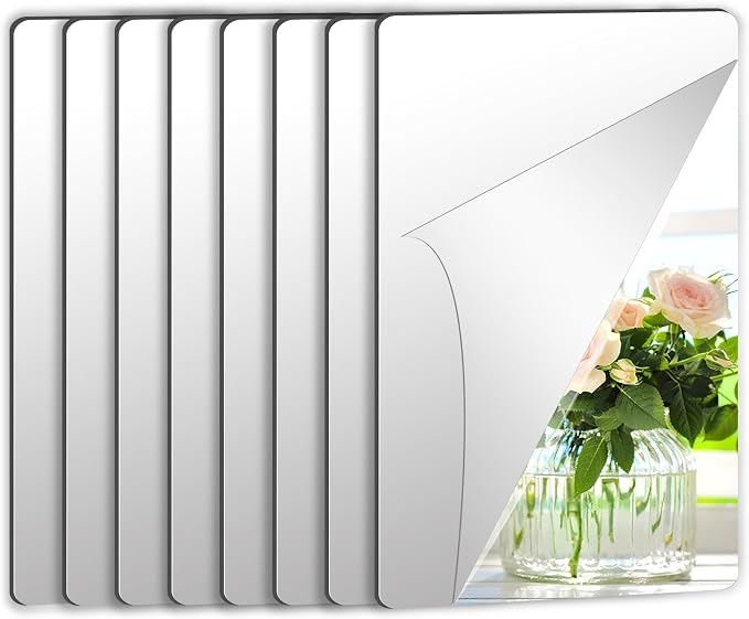 JUNEBRUSHS 8 Pack Self Adhesive Acrylic Mirror, 6X 9 Inch Mirror Tiles | Flexible Plastic Sheets Wall Stickers,2MM Thick Mirrors,Frameless Small Mirrors