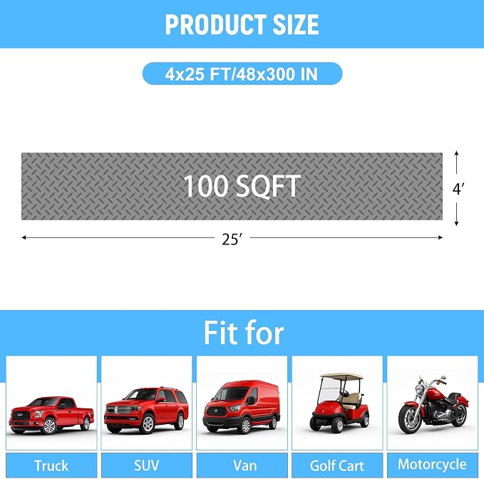 4x25 FT Garage Floor Mat, 2.8mm Thickened Diamond Plate | PVC Flooring Roll for Under Car/Golf Cart/Motorcycle, Garage Mat for Warehouse/Basement/Gyms/Trailer, Tapes Included, Gray