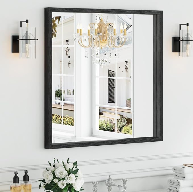 Syndra Square Black Wood Frame Bathroom Mirror, 32''x32'' Modern Vanity Mirror for Wall, Waterproof Slim Deep Frame, HD Tempered Glass Mirror for Living Room, Bedroom, Entryway, Rustic, Farmhouse