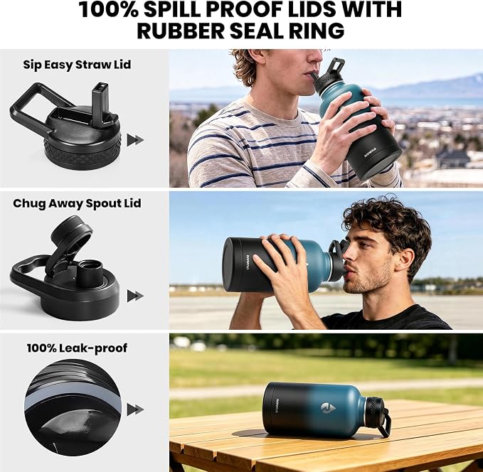 RAYMYLO Insulated Water Bottle 64 oz, Triple Wall Vacuum Stainless Steel (Cold for 48 Hrs), Leak Proof & Non-BPA, Half Gallon Water Flask Jug with Paracord Handle & Straw Spout Lids | (Cold for 48 Hrs), Leak Proof & Non-BPA, Half Gallon Water Flask Jug...